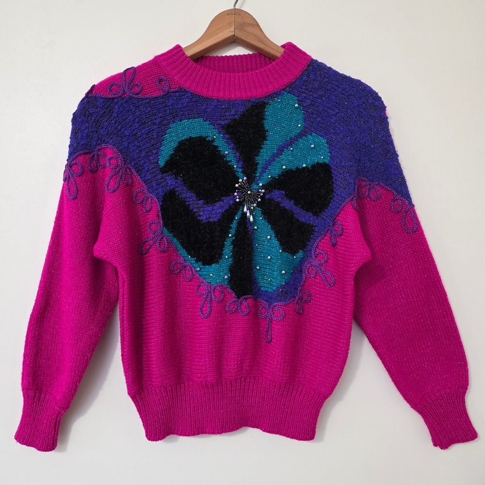 Vintage Jacklyn Smith Sweater Sz M Beaded Floral‎ Pink Glam Whimsigoth Statement